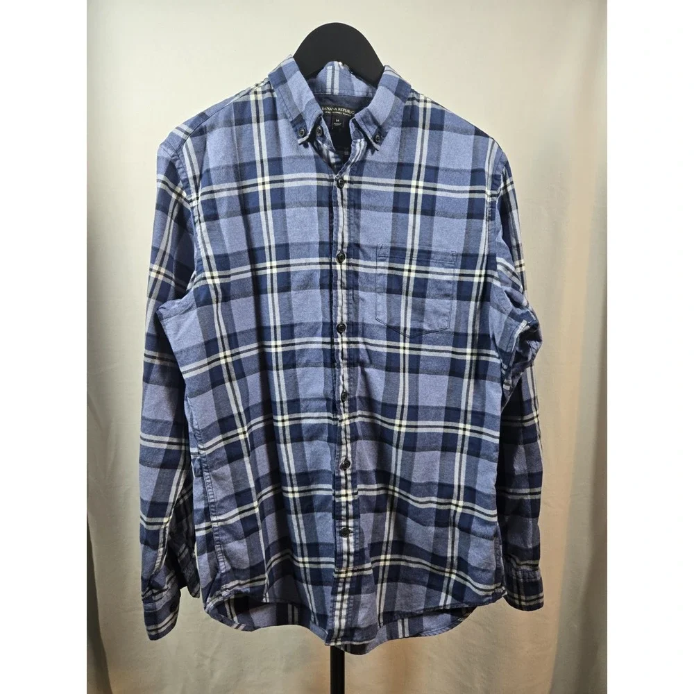 Banana Republic Luxe Flannel Slim Fit Men's‎ Blue Plaid Button-Down Shirt M